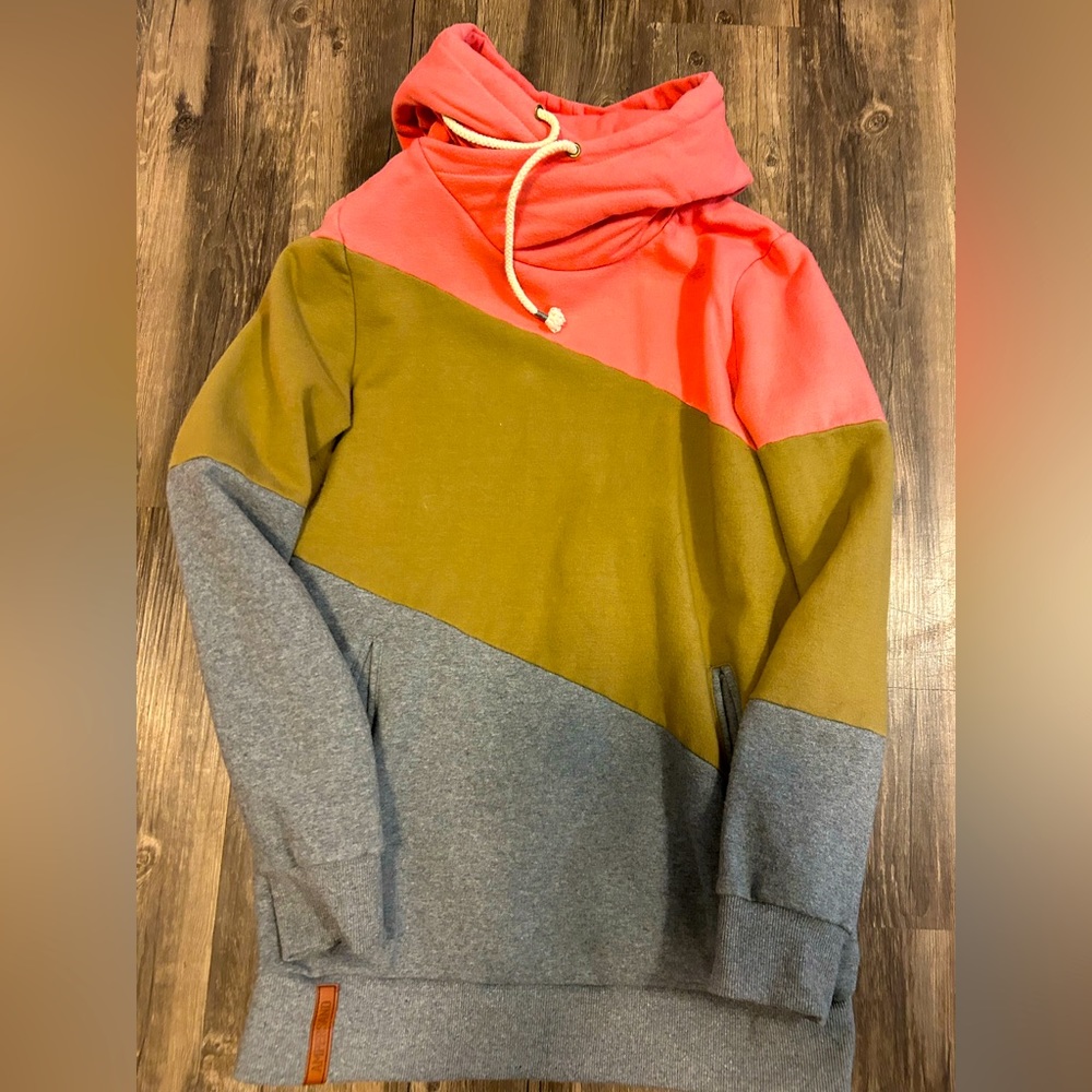 Ampersand Ave Colorblock Hoodie Campground Pink Green Gray Knit Sweatshirt M